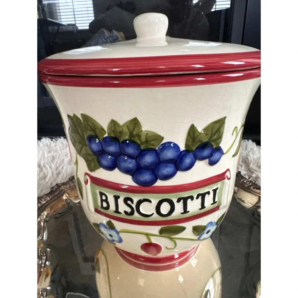 Italian Ceramic Biscotti Cookie‎ Jar Vintage Fruit Design Red Lid
